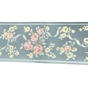 Vintage Thomas Strahan Floral Wallpaper Border Blue Roses Ribbon 5 Yards USA NOS